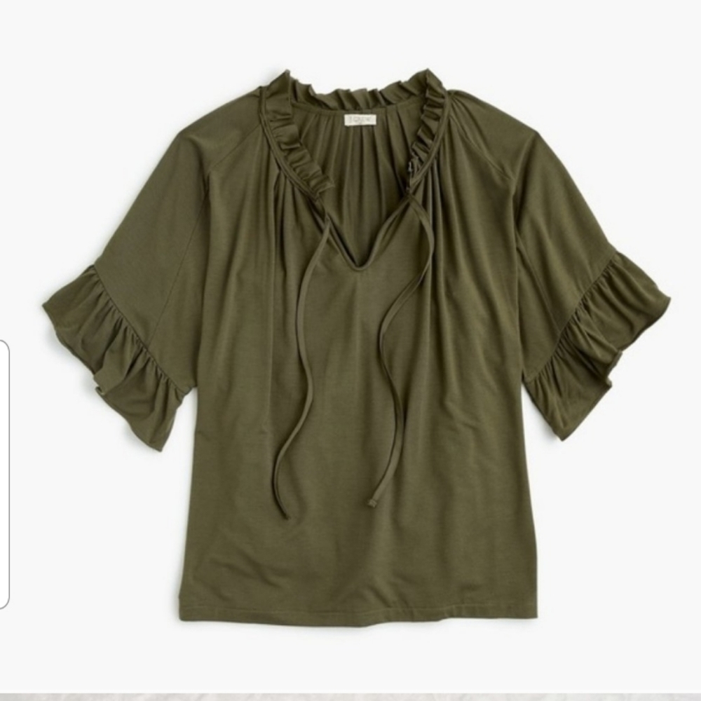 J Crew Ruffle Tie Neck Green Short Sleeve Top F5